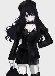 1girl akai_ringo_(eveyuno) choker hand_on_own_hip highres light_smile long_hair long_sleeves looking_at_viewer original pleated_skirt skirt standing white_background