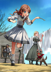 1boy 2girls beard blonde_hair blue_eyes blue_sky brown_hair building character_request clothesline commentary day dog dorothy_gale dress english_commentary facial_hair full_body grey_dress grey_pants gunshiprevolution hair_bun kriss_sison long_hair multiple_girls outdoors pants running shirt shoes sky smile socks stick suspenders the_wizard_of_oz toto_(the_wizard_of_oz) twintails white_dress white_shirt window