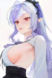 1girl absurdres black_skirt bow bowtie breasts closed_mouth commentary_request hair_bow high-waist_skirt highres large_breasts long_hair looking_at_viewer mole mole_under_eye multicolored_hair pointy_ears purple_bow purple_bowtie purple_hair red_eyes red_lips sideboob sideboob_cutout simple_background skirt solo streaked_hair tanna upper_body vivian_(zenless_zone_zero) white_background white_hair zenless_zone_zero