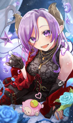 1girl absurdres black_pants black_shirt blue_background blue_flower blue_rose blush boots breasts brown_horns commentary_request demon_girl demon_horns demon_tail flower full_body highres horns jacket jacket_partially_removed lace_shirt large_breasts long_hair looking_at_viewer lower_teeth_only mimikaki mole mole_under_mouth nanashi_inc. open_mouth pants pointy_ears purple_eyes purple_hair red_boots red_jacket rose saionji_mary saionji_mary_(10th_costume) shirt sitting sleeveless sleeveless_shirt smile solo tail teeth thigh_boots uc_curage virtual_youtuber yokozuwari