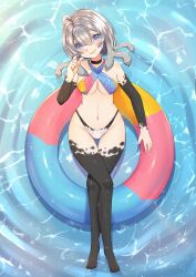 1girl absurdres afloat alternate_costume animated animated_gif athera_asyra blue_eyes bodypaint chumu_(teuthidan) cleavage_cutout clothing_cutout commission commissioner_upload grey_hair highres innertube original paint_splatter paint_splatter_on_face swim_ring swimsuit tentacle_hair thighhighs