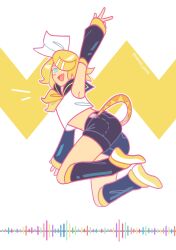 Rule 34 | 1girl, :&gt;, armpits, black sailor collar, black shorts, black sleeves, blonde hair, blue eyes, blush, bow, commentary, detached sleeves, fang, full body, hair bow, hair ornament, hair over one eye, hairclip, highres, kagamine rin, long sleeves, neckerchief, open mouth, outline, paranoid ghosts, pink outline, sailor collar, shirt, shoes, shorts, solo, tongue, twitter username, vocaloid, white bow, white shirt, white shoes, yellow neckerchief