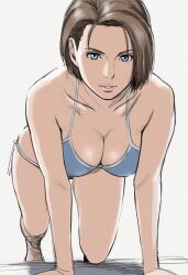 Rule 34 | 1girl, bare arms, bare shoulders, barefoot, bikini, blue bikini, blue eyes, breasts, brown hair, cleavage, highres, jaydamon, jill valentine, leaning forward, medium breasts, on one knee, parted lips, resident evil, resident evil 3: nemesis, short hair, sketch, smile, solo, swept bangs, swimsuit, white background