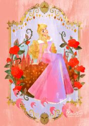 1girl aurora_(disney) bird blonde_hair blunt_bangs crown dress flower full_body highres long_hair long_sleeves nana_coco77 pink_dress red_flower red_lips red_rose rose sitting sleeping_beauty_(disney) smile
