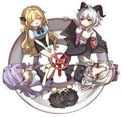 1boy 4girls :p @_@ alternate_costume black_bow black_bowtie black_hair black_horns black_pants black_skirt black_thighhighs blonde_hair blue_eyes blue_sweater bow bowtie breasts can cantarella_(wuthering_waves) carlotta_(wuthering_waves) closed_eyes collared_shirt commentary crossed_legs curled_horns double_v drink_can earrings facial_mark from_above grey_hair hair_bow highres holding holding_can horns jewelry jiji_(gjwr2448) large_breasts long_hair male_rover_(wuthering_waves) mark_under_eye multiple_girls necktie one_eye_closed pants pantyhose phoebe_(wuthering_waves) pink_bow pink_eyes purple_hair purple_necktie rover_(wuthering_waves) shirt sitting skirt smile sweater thighhighs thighs tongue tongue_out v white_pantyhose white_shirt wuthering_waves zani_(wuthering_waves)