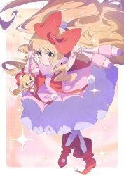 Rule 34 | &gt; o, 2girls, blonde hair, blunt bangs, boots, border, bow, chibi, closed mouth, clown, clown drop, club (weapon), commentary request, crossed legs, determined, dress, floating hair, full body, furrowed brow, grid background, hair bow, hat, highres, holding, holding club, holding weapon, jester cap, juggling club, jumpsuit, kusu kusu (shugo chara!), light blush, long hair, magical girl, mashiro rima, multiple girls, neck ruff, one eye closed, orange background, orange eyes, outside border, pantyhose, petticoat, pink dress, pointy footwear, polka dot headwear, pom pom (clothes), red bow, red footwear, red hat, red jumpsuit, serizawa serizane, shugo chara!, sidelocks, sleeveless, sleeveless dress, solo focus, sparkle, very long hair, wavy hair, weapon, white border, white pantyhose