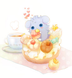 animal_focus baby_animal blue_eyes blush cat commentary_request cup espurr food food_focus gen_6_pokemon heart icing kitten looking_at_viewer macaron mug nintendo no_humans pastry poke_puff pokemon pokemon_(creature) pokemon_focus saucer simple_background solo star_(symbol) sweets takeda_mika undersized_animal white_background