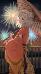 Rule 34 | 1girl, absurdres, aerial fireworks, blue eyes, blush, braid, commentary request, fireworks, gakuen idolmaster, grey hair, hair ribbon, half up braid, highres, holding, holding umbrella, idolmaster, japanese clothes, katsuragi lilja, kimono, looking at viewer, mask, mask on head, natsumeg, oil-paper umbrella, orange kimono, outdoors, rabbit mask, railing, ribbon, ribbon braid, short hair, solo, umbrella, yellow ribbon