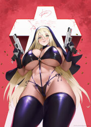 1girl bikini black_bikini black_gloves black_thighhighs blonde_hair blush breasts cameltoe casing_ejection charm_(object) crack cross cross_pendant curvy dual_wielding finger_on_trigger gloves green_eyes groin gun hair_between_eyes handgun highleg holding holding_gun holding_weapon huge_breasts lace_bikini latex latex_bikini long_hair looking_at_viewer magazine_(weapon) magazine_ejection micro_bikini mole mole_under_mouth navel nun o-ring o-ring_bikini o-ring_top open_mouth original red_background red_sky scripture shell_casing side-tie_bikini_bottom skindentation sky smile smirk solo swimsuit teeth thighhighs underboob upper_teeth_only veil very_long_hair weapon wide_hips wookyung