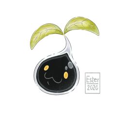 artist_name chickenscraches digimon digimon_(creature) grey_background leaf looking_at_viewer no_humans nyokimon simple_background solo yellow_eyes