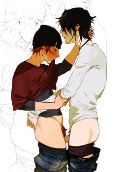 2boys absurdres ass black-framed_eyewear black_hair blush clothes_in_mouth clothes_lift clothes_pull cuntboy fushimi_saruhiko glasses height_difference highres k-project male_focus male_underwear mouth_hold multiple_boys pants pants_pull penis pubic_hair pussy_juice sex shirt_in_mouth shirt_lift short_hair skinny standing standing_sex thigh_sex treslech3s underwear white_male_underwear yata_misaki
