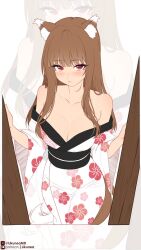 1girl :/ animal_ear_fluff animal_ears bare_shoulders black_sash blush breasts brown_hair cleavage closed_mouth commentary cowboy_shot english_commentary floral_print floral_print_kimono highres holo japanese_clothes kimono large_breasts likunea looking_at_viewer obi off_shoulder patreon_logo patreon_username print_kimono red_eyes sash spice_and_wolf standing tail twitter_username twitter_x_logo white_kimono wide_sleeves wolf_ears wolf_girl wolf_tail yukata zoom_layer