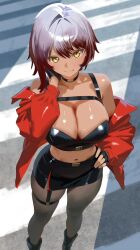 black_choker black_gloves black_shoes breasts brown_hair choker cleavage closed_mouth commission crosswalk face_piercing fingerless_gloves folma gloves grey_hair hand_on_own_hip highres indie_virtual_youtuber jacket lip_piercing midriff navel off_shoulder open_clothes open_jacket pantyhose pencil_skirt piercing red_jacket savii_(vtuber) shoes short_hair skeb_commission skirt smile virtual_youtuber yellow_eyes score:0 rating:sensitive Rule 34 | black choker, black gloves, black shoes, breasts, brown hair, choker, cleavage, closed mouth, commission, crosswalk, face piercing, fingerless gloves, folma, gloves, grey hair, hand on own hip, highres, indie virtual youtuber, jacket, lip piercing, midriff, navel, off shoulder, open clothes, open jacket, pantyhose, pencil skirt, piercing, red jacket, savii (vtuber), shoes, short hair, skeb commission, skirt, smile, virtual youtuber, yellow eyes