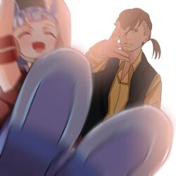Rule 34 | 1boy, 1girl, absurdres, animal ears, backlighting, bloom, blunt bangs, breasts, brown hair, cyrilashnmsh, flying kick, gold ship (umamusume), grey hair, happy, high kick, highres, horse ears, horse girl, kicking, long hair, looking at viewer, meme, motion blur, ponytail, smile, tracen training uniform, trainer (umamusume), umamusume, woe plague be upon ye (meme)