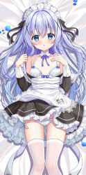 1girl absurdres apron bare_shoulders blue_eyes blue_hair blush bra breasts dakimakura_(medium) fengshen_chino gochuumon_wa_usagi_desu_ka? highres kafuu_chino loli long_hair looking_at_viewer maid maid_apron maid_headdress open_mouth panties sidelocks simple_background solo underwear white_apron white_bra white_panties