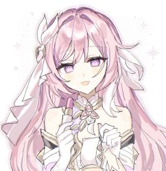 Rule 34 | 1girl, breasts, commentary, corset, cosmetics, diamond-shaped pupils, diamond (shape), done (qz1c ), elysia (herrscher of human: ego) (honkai impact), elysia (honkai impact), gloves, highres, holding, holding lipstick tube, honkai (series), honkai impact 3rd, lipstick tube, long hair, looking at viewer, pink hair, purple eyes, simple background, smile, solo, symbol-only commentary, symbol-shaped pupils, triquetra, upper body, veil, very long hair, white background, white corset, white gloves, white veil