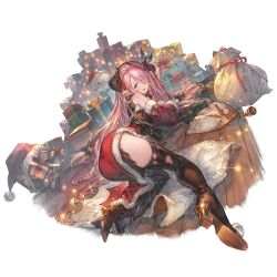 1girl alpha_transparency ass bare_shoulders black_bow black_gloves black_thighhighs blue_eyes blush boots bow braid breasts brown_boots christmas come_hither detached_sleeves draph full_body fur_trim gloves granblue_fantasy hair_bow hair_ornament hair_over_one_eye hat high_heel_boots high_heels horns japanese_clothes kimono large_breasts long_hair looking_at_viewer narmaya_(granblue_fantasy) narmaya_(holiday)_(granblue_fantasy) obi official_alternate_costume official_art open_mouth pointy_ears pom_pom_(clothes) red_kimono red_ribbon ribbon sack santa_hat sash smile snowman solo thigh_boots thighhighs torn_boots torn_clothes torn_thighhighs transparent_background very_long_hair wooden_floor