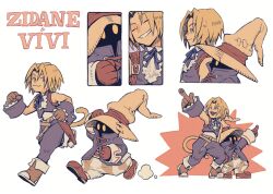 2boys :3 azukimomonaka baggy_pants bare_shoulders black_mage_(final_fantasy) blonde_hair blue_coat blue_pants blue_vest blue_wrist_cuffs boots brown_gloves coat dynamic_pose english_text final_fantasy final_fantasy_ix flat_color gloves grin hat highres looking_at_another male_focus monkey_tail multiple_boys multiple_views pants parted_bangs pointing running shirt simple_background sleeveless sleeveless_shirt smile tail vest vivi_ornitier wizard_hat wrist_cuffs zidane_tribal