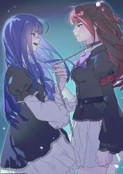 Rule 34 | 2girls, ameko0617, black collar, black dress, blue hair, chain, clenched teeth, collar, crying, dress, eye contact, frederica bernkastel, frilled dress, frills, gothic lolita, highres, holding, holding leash, leash, lolita fashion, long hair, looking at another, loose hair strand, multiple girls, open mouth, red hair, skirt, smile, standing, streaming tears, tears, teeth, two side up, umineko no naku koro ni, ushiromiya ange, white skirt, wide sleeves