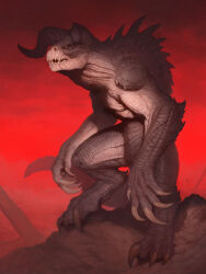 absurdres animal_focus artist_name claws commentary curled_horns deathclaw english_commentary fallout full_body highres horns john_tedrick monster no_humans realistic sharp_teeth signature solo tail teeth yellow_eyes