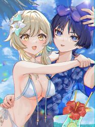 Rule 34 | 1boy, 1girl, alternate costume, aqua feathers, aqua flower, aqua trim, armpit crease, arms around neck, bikini, black hair, blonde hair, blue shirt, blue sky, blue sleeves, blunt ends, blush, breasts, bright pupils, cellphone, cloud, cloudy sky, collared shirt, contemporary, couple, diffraction spikes, drinking straw, eyelashes, eyeliner, eyeshadow, eyewear on head, feather hair ornament, feathers, floral print, flower, food, front-tie bikini top, front-tie top, fruit, genshin impact, glass, grey shorts, groin, hair between eyes, hair flower, hair ornament, hand on another&#039;s waist, hand up, hawaiian shirt, heart, heart-shaped eyewear, hetero, hibiscus, hibiscus print, highres, hug from side, juice, large breasts, lemon, lemon slice, lens flare, looking at phone, looking up, lumine (genshin impact), makeup, multicolored flower, navel, open mouth, outdoors, phone, purple eyes, red eyeliner, red eyeshadow, scaramouche (genshin impact), shirt, short hair, short hair with long locks, short sleeves, shorts, side-tie bikini bottom, sideboob, sidelocks, sky, snow20200, sweat, swimsuit, tareme, tongue, tongue out, untied bikini, untied bikini top, white bikini, white flower, white pupils, yellow eyes