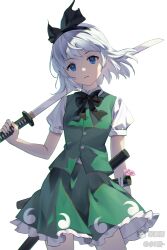 1girl absurdres black_bow black_bowtie black_hairband black_ribbon blue_eyes bow bowtie collared_shirt cowboy_shot expressionless green_skirt green_vest hair_ribbon hairband highres hitodama_print holding holding_sword holding_weapon katana konpaku_youmu looking_at_viewer over_shoulder parted_lips puffy_short_sleeves puffy_sleeves ribbon scabbard sheath shirt short_hair short_sleeves simple_background skirt solo sword sword_over_shoulder touhou vest weapon weapon_over_shoulder white_background white_hair white_shirt youren_ljun