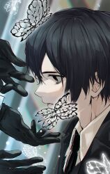 Rule 34 | 1boy, 1other, absurdres, bags under eyes, black butterfly, black coat, black eyes, black gloves, black hair, black necktie, bug, butterfly, coat, collared shirt, double-parted bangs, e.g.o (project moon), funeral of the dead butterflies, gloves, hair between eyes, highres, insect, light particles, limbus company, male focus, necktie, negi 0002, offering hand, open mouth, out of frame, project moon, reaching, reaching towards another, shirt, short hair, solemn lament (e.g.o), upper body, white butterfly, white shirt, yi sang (project moon)