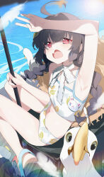 1girl absurdres ahoge armpits bikini bird black_hair blue_archive blush braid bright_pupils chair crocs grey_halo halo hat hat_on_back highres leaf leaf_on_head long_hair miyu_(blue_archive) miyu_(swimsuit)_(blue_archive) official_alternate_costume on_chair print_bikini rash_guard red_eyes seagull sitting solo straw_hat swimsuit tears twin_braids wako_(1194433260) white_bikini white_pupils