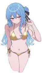 1girl bikini blue_eyes blue_hair blush breasts closed_mouth cropped_legs gold_bikini hair_bun hair_ribbon highres hololive hoshimachi_suisei kohaku_(csacu) long_hair navel ribbon side-tie_bikini_bottom simple_background single_hair_bun small_breasts solo swimsuit virtual_youtuber white_background