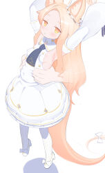 1girl animal_ear_fluff animal_ears armpits arms_up blonde_hair blue_archive bow commentary covered_navel detached_sleeves disembodied_hand dress expressionless extra_ears flower flower_wreath footwear_bow forehead fox_ears fox_girl fox_tail halo high_heels highres lifting_person loli long_hair looking_at_viewer pantyhose parted_lips seia_(blue_archive) shirt shoes sidelocks simple_background sleeveless sleeveless_shirt sleeves_past_fingers sleeves_past_wrists solo_focus striped_clothes striped_pantyhose tail uminotacos vertical-striped_clothes vertical-striped_pantyhose white_background white_bow white_dress white_shoes yellow_eyes yellow_halo