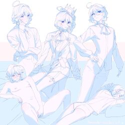 Rule 34 | 1boy, ahoge, ass, blue eyes, blush, closed eyes, closed mouth, cuntboy, eyelashes, fingering, furina (genshin impact), genderswap, genderswap (ftm), genshin impact, hair between eyes, hand on own face, hand on own hip, head on pillow, heterochromia, highres, limited palette, lying, male focus, mastectomy scar, masturbation, multiple views, nude, ouji fashion, pillow, roarke (lavenderincubus), scar, scar on chest, short hair, sitting, sleeping, smile, standing, transgender flag, white hair