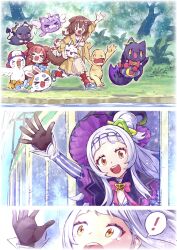 Rule 34 | absurdres, brown eyes, brown hair, character request, digimon, digimon adventure, group picture, hat, highres, hololive, houshou kumarine, houshou marine, inugami korone, inugami korone (1st costume), listener (inugami korone), murasaki shion, purple hair, purple hat, sumi 80, virtual youtuber, waving, yellow eyes