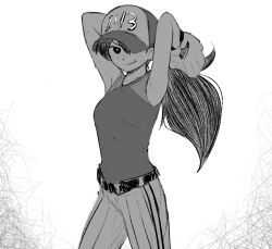 Rule 34 | 1girl, armpits, arms up, bare arms, bare shoulders, baseball cap, baseball glove, belt, cabronpr, closed mouth, commentary, cowboy shot, english commentary, greyscale, hat, highres, long hair, looking at viewer, mari (faraway) (omori), mari (omori), monochrome, official alternate hairstyle, omori, one eye covered, pants, pitching, ponytail, shirt, shirt tucked in, simple background, sleeveless, sleeveless shirt, smug, solo, striped clothes, striped pants, v-shaped eyebrows, vertical-striped clothes, vertical-striped pants, white background