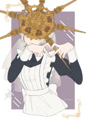 Rule 34 | 1girl, alternate costume, apron, blush, breasts, closed mouth, collared dress, covered eyes, cropped torso, crossdressing, dark souls (series), dark souls i, dark sun gwyndolin, dress, enmaided, facing viewer, gold headwear, grey hair, heart, heart hands, highres, juliet sleeves, long sleeves, maid, medium breasts, puffy sleeves, short hair, spiked helmet, susukeya, trap, white apron, white background
