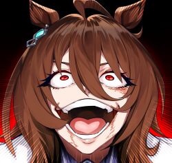 Rule 34 | 1girl, absurdres, agnes tachyon (umamusume), animal ears, archimedesu99, brown hair, commentary, crazy eyes, crazy smile, earrings, english commentary, highres, horse ears, horse girl, jewelry, jujutsu kaisen, lab coat, long hair, open mouth, parody, red eyes, single earring, smile, solo, teeth, umamusume