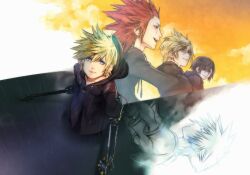 1girl 3boys axel_(kingdom_hearts) black_hair black_robe blonde_hair blue_eyes closed_eyes dual_persona dual_wielding facial_mark from_above from_side hair_between_eyes hair_slicked_back holding holding_weapon hood hood_down hooded_robe keyblade kingdom_hearts kingdom_hearts_358/2_days long_sleeves looking_at_viewer looking_to_the_side medium_hair mim_(mimya0600) multiple_boys multiple_views open_mouth rain red_hair robe roxas short_hair short_sleeves sideburns smile sora_(kingdom_hearts) spiked_hair sunset weapon xion_(kingdom_hearts)