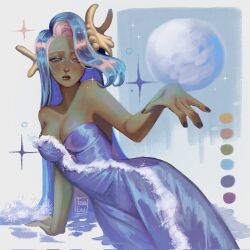 1girl blue_dress blue_eyes breasts cleavage cookie_run cookie_run:_kingdom dark-skinned_female dark_skin dress full_moon giselle57325193 highres humanization liquid_hair medium_breasts moon sea_fairy_cookie solo