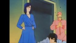 1980s_(style) 1girl 2boys aiming aiming_at_viewer animated animated_gif assisted_exposure between_legs blue_dress blue_hair blue_panties city_hunter clothes_lift dress facial_hair garter_straps gun handgun holster indoors jewelry multiple_boys mustache necklace nogami_saeko oldschool on_one_knee panties retro_artstyle revolver saeba_ryou skirt skirt_flip skirt_lift standing subtitled surprised thigh_holster thighhighs underwear upskirt weapon