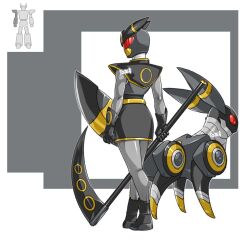 1girl black_dress black_footwear black_gloves bodysuit colored_sclera dress gen_2_pokemon gloves grey_background grey_bodysuit highres looking_away mecha nintendo pokemon pokemon_(creature) power_rangers red_eyes red_sclera red_visor robot scythe super_sentai tail to_ze twitter_username umbreon
