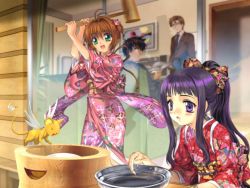 1990s_(style) 2boys 2girls cardcaptor_sakura child daidouji_tomoyo food japanese_clothes kero_(cardcaptor_sakura) kimono kine kinomoto_fujitaka kinomoto_sakura kinomoto_touya kodansha mallet mochi mochitsuki multiple_boys multiple_girls mutsuki_(moonknives) new_year non-web_source retro_artstyle tasuki wagashi