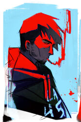 Rule 34 | 1boy, afraid of monsters, beard stubble, black eyes, black hoodie, bloodshot eyes, blue background, border, cigarette, clothes writing, david leatherhoff, facial hair, from side, halftone, highres, hood, hoodie, male focus, ornate border, print hoodie, raccozan, red light, smoking, solo, stubble