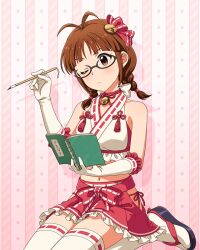 1girl :&lt; akizuki_ritsuko anime_coloring antenna_hair bare_shoulders bell bikini blush book bow braid breasts brown_eyes brown_hair calligraphy_brush concept_maihime_(idolmaster) dot_nose elbow_gloves eyelashes frilled_gloves frilled_shirt frilled_skirt frills gloves hair_bell hair_ornament hair_ribbon halter_shirt halterneck hand_up hip_vent holding holding_book holding_calligraphy_brush holding_paintbrush idolmaster idolmaster_(classic) idolmaster_million_live! idolmaster_million_live!_theater_days jingle_bell kneeling medium_breasts medium_hair midriff miniskirt navel neck_bell nontraditional_miko official_alternate_costume official_art okobo one_eye_closed paintbrush pink_background pink_bikini pink_ribbon pink_skirt platform_sandals pleated_skirt ribbon ribbon-trimmed_gloves ribbon-trimmed_shirt ribbon-trimmed_thighhighs ribbon_trim sandals shirt side-tie_bikini_bottom skirt sleeveless sleeveless_shirt solo star_(symbol) swimsuit thighhighs twin_braids waist_bow white_gloves white_thighhighs