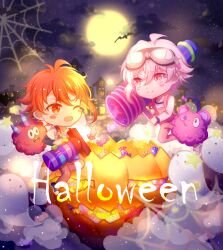 Rule 34 | 2boys, ahoge, antenna hair, bat (animal), black-framed eyewear, black shoes, black sleeves, blush stickers, brown pants, candy, chibi, closed mouth, cloud, confeitoo, denim, food, full moon, ghost, goggles, goggles on head, gun, hair between eyes, halloween, happy, highres, holding, holding cannon, holding gun, holding weapon, idolish7, jack-o&#039;-lantern, jeans, kujou tenn, layered sleeves, light particles, long sleeves, looking at another, monster, moon, multiple boys, nanase riku, night, night sky, open mouth, orange vest, outdoors, over shoulder, paint, pants, pink eyes, pink hair, red eyes, red hair, shirt, shoes, short hair with long locks, short over long sleeves, short sleeves, silk, single sidelock, sky, skyline, smile, sneakers, spider web, star (symbol), t-shirt, v-shaped eyebrows, vest, weapon, weapon over shoulder, white shirt