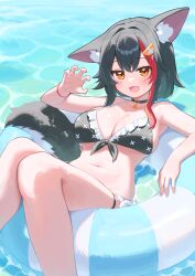 Rule 34 | 1girl, :3, :d, absurdres, alternate costume, animal ears, bikini, black bikini, black hair, breasts, claw pose, cleavage, commentary, day, double-parted bangs, flipped hair, front-tie bikini top, front-tie top, hair between eyes, hair ornament, hairclip, hand up, highres, hololive, knees together feet apart, large breasts, long hair, looking at viewer, lying, multicolored hair, navel, on back, on innertube, ookami mio, open mouth, outdoors, print bikini, red hair, sidelocks, smile, solo, stomach, streaked hair, swimsuit, tail, thigh strap, verdey, virtual youtuber, water, wolf ears, wolf girl, wolf tail, yellow eyes