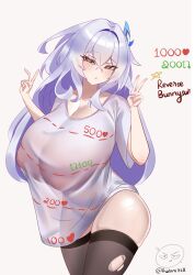 1girl absurdres breasts covered_erect_nipples genshin_impact highres huge_breasts looking_at_viewer pointy_breasts red_eyes see-through_clothes see-through_shirt shirt skirk_(genshin_impact) thighs torn_clothes twitter_strip_game v white_hair