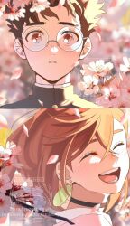 1boy 1girl ayase_momo black_choker black_hair black_jacket blurry blurry_background blush brown_eyes brown_hair cherry_blossoms choker closed_eyes collared_shirt commentary dandadan earrings floating_earring flower gakuran glasses hair_between_eyes happy highres jacket jewelry open_mouth outdoors parted_lips pink_flower pink_petals pink_sweater portrait round_eyewear school_uniform shirt short_hair smile sweater symbol-only_commentary takakura_ken_(dandadan) thick_eyebrows upper_body white_shirt wolf6481