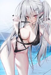 Rule 34 | 1girl, :d, bare shoulders, bikini, black nails, black one-piece swimsuit, black slingshot swimsuit, blurry, blurry background, blush, breasts, center opening, cleavage, collarbone, cross, cross earrings, depth of field, ear piercing, earrings, fang, hair between eyes, hair ornament, hairclip, halterneck, highleg, highleg bikini, highres, jewelry, large breasts, long eyelashes, long hair, looking at viewer, navel, one-piece swimsuit, open mouth, original, piercing, pointy ears, pool, red eyes, sidelocks, signature, skin fang, slingshot swimsuit, smile, solo, stomach, swimsuit, twintails, water, wet, wet bikini, white hair, yoruhoshi owl