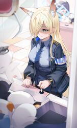 Rule 34 | 1boy, 2girls, absurdres, animal ear fluff, animal ears, black jacket, black pantyhose, blonde hair, blue archive, blue eyes, blue necktie, blue shirt, blue skirt, blush, clenched teeth, closed eyes, crane game, dog ears, dog girl, doodle sensei (blue archive), extra ears, hair over one eye, highres, jacket, kanna (blue archive), long hair, miyu (blue archive), multiple girls, necktie, open mouth, pantyhose, playing games, purple hair, sensei (blue archive), shaded face, sharp teeth, shirt, shuvi (shuvi1125), skirt, teeth