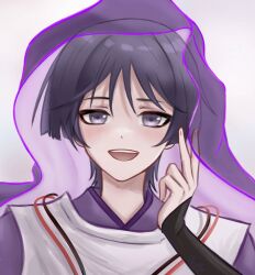 1boy armor black_hair blunt_ends blush clothing_cutout delisha_lia eyeliner eyeshadow fingernails genshin_impact grey_eyes hand_up highres japanese_armor japanese_clothes kariginu kimono kote kurokote layered_sleeves looking_at_viewer makeup male_focus open_mouth portrait purple_kimono purple_veil red_eyeliner red_eyeshadow scaramouche_(genshin_impact) scaramouche_(kabukimono)_(genshin_impact) shoulder_cutout signature solo string teeth tsurime upper_teeth_only v veil white_background