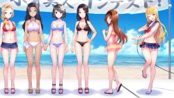 6+girls ;d ahoge ass bare_shoulders beach bikini bikini_skirt bikini_top_only black_bikini black_hair black_sandals blonde_hair blue_bikini blue_eyes blue_sailor_collar blue_sandals blue_skirt blue_sky blush bob_cut breasts brown_hair cleavage closed_mouth cloud collarbone curtained_hair dark-skinned_female dark_skin day embarrassed flip-flops flower frilled_one-piece_swimsuit frills full_body game_cg green_eyes green_sandals hair_flower hair_ornament hairband halterneck hand_on_own_hip hibiscus holding_hands horizon leg_up long_hair low_side_ponytail medium_breasts microskirt multicolored_hairband multiple_girls navel non-web_source nose_blush official_art one-piece_swimsuit one_eye_closed open_mouth otori_ai outdoors parted_hair pink_one-piece_swimsuit pink_sandals profile purple_eyes red_bikini sailor_bikini sailor_collar sandals short_hair short_shorts shorts side-tie_bikini_bottom skirt sky small_breasts smile socks split_mouth standing standing_on_one_leg stomach string_bikini swimsuit tachibana_nana translation_request very_long_hair white_bikini white_flower yumeutsutsu_re:master
